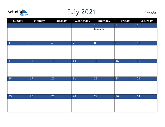 Canada July 2021 Calendar with Holidays