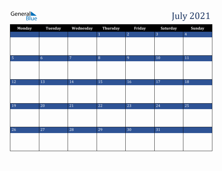 Monday Start Calendar for July 2021
