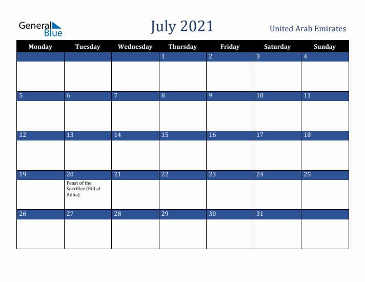 July 2021 United Arab Emirates Calendar (Monday Start)