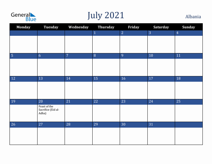 July 2021 Albania Calendar (Monday Start)