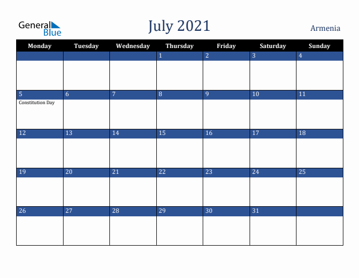 July 2021 Armenia Calendar (Monday Start)