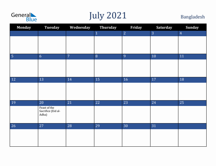 July 2021 Bangladesh Calendar (Monday Start)