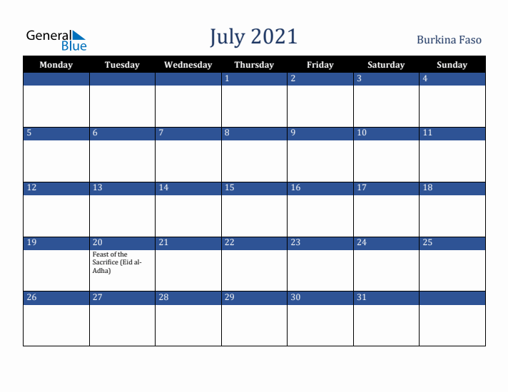 July 2021 Burkina Faso Calendar (Monday Start)