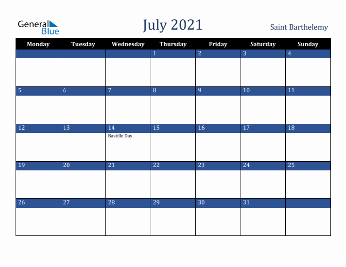 July 2021 Saint Barthelemy Calendar (Monday Start)