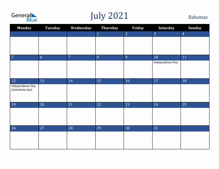 July 2021 Bahamas Calendar (Monday Start)