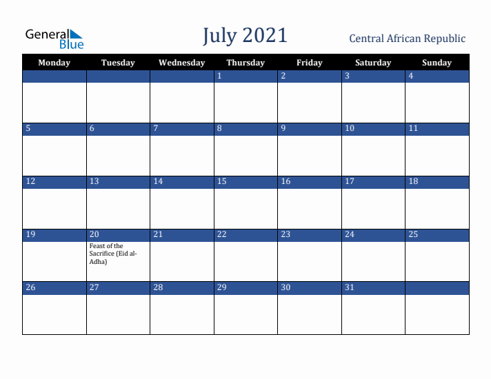 July 2021 Central African Republic Calendar (Monday Start)