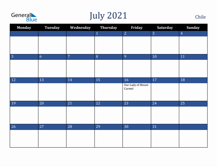 July 2021 Chile Calendar (Monday Start)