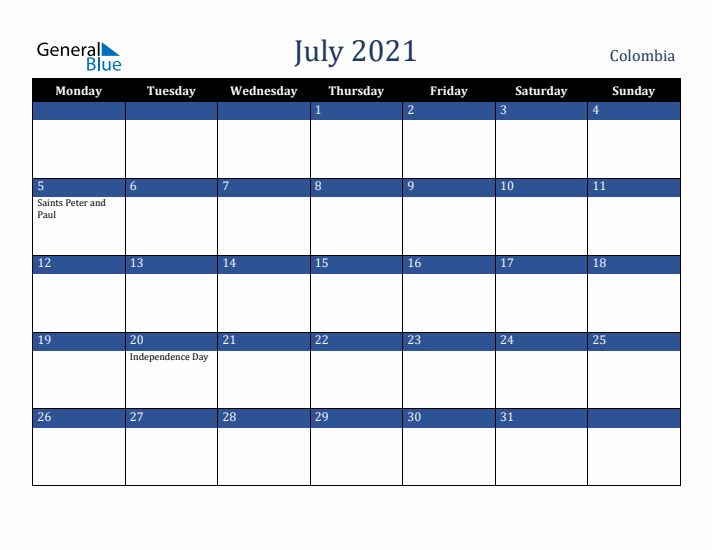 July 2021 Colombia Calendar (Monday Start)