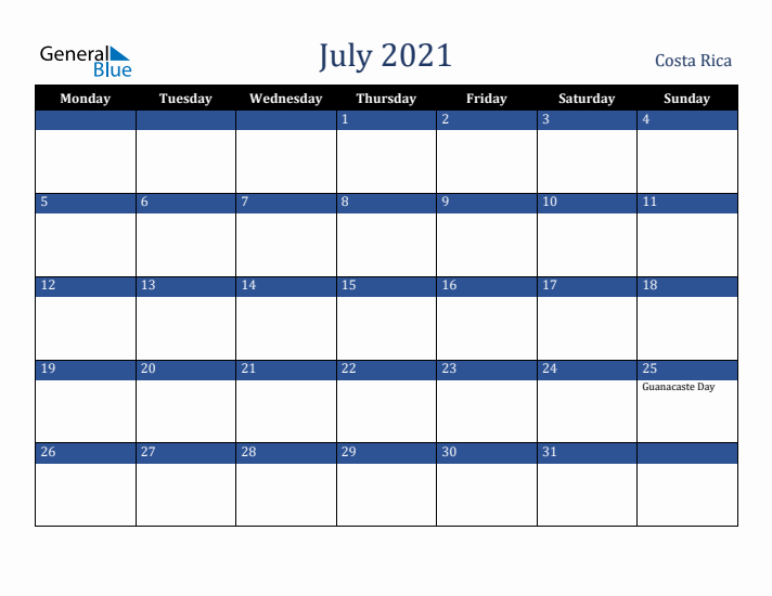 July 2021 Costa Rica Calendar (Monday Start)