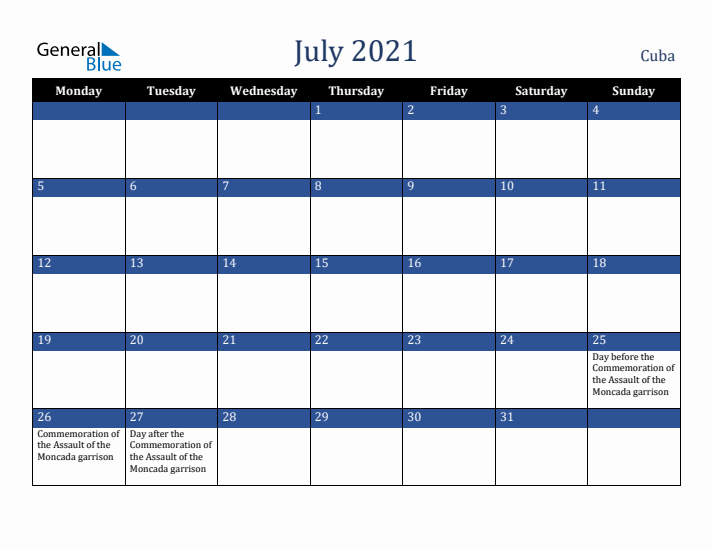 July 2021 Cuba Calendar (Monday Start)
