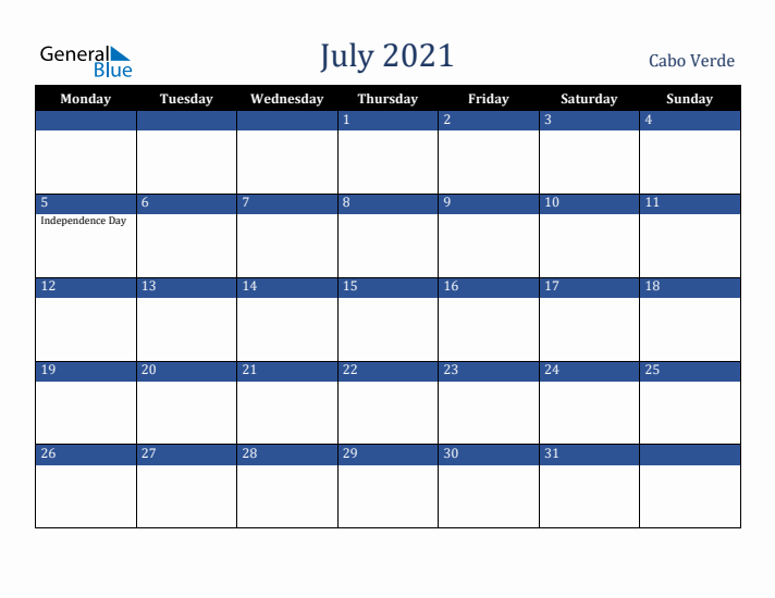 July 2021 Cabo Verde Calendar (Monday Start)