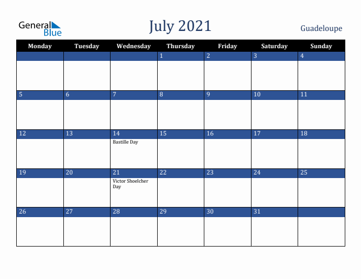 July 2021 Guadeloupe Calendar (Monday Start)