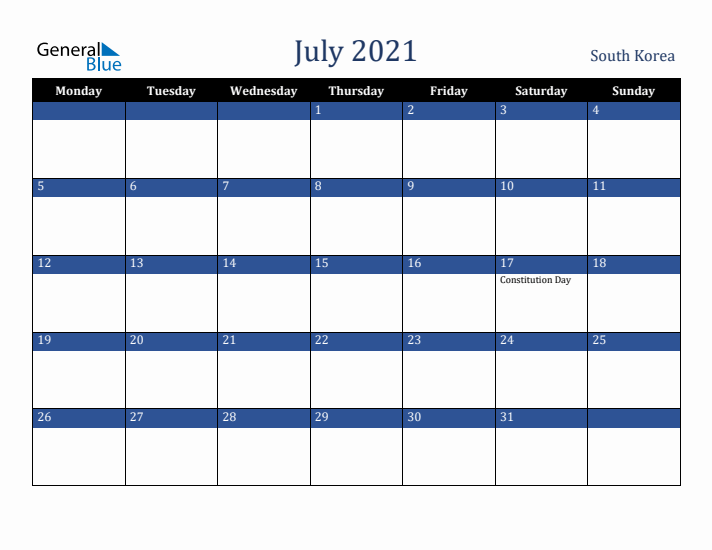 July 2021 South Korea Calendar (Monday Start)