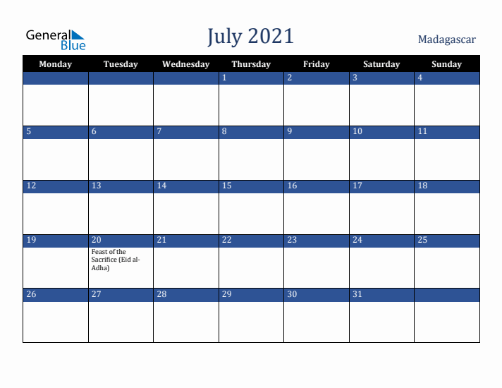 July 2021 Madagascar Calendar (Monday Start)