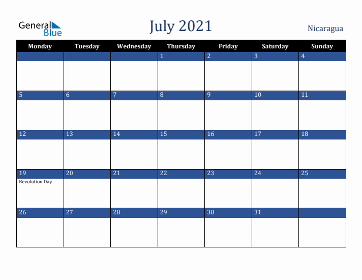 July 2021 Nicaragua Calendar (Monday Start)