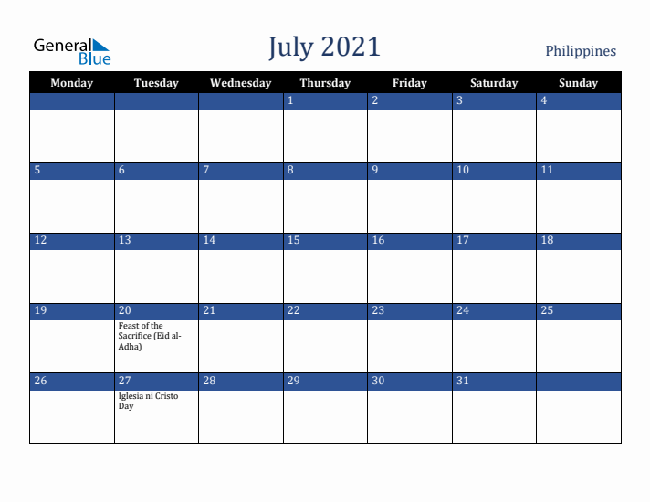 July 2021 Philippines Calendar (Monday Start)