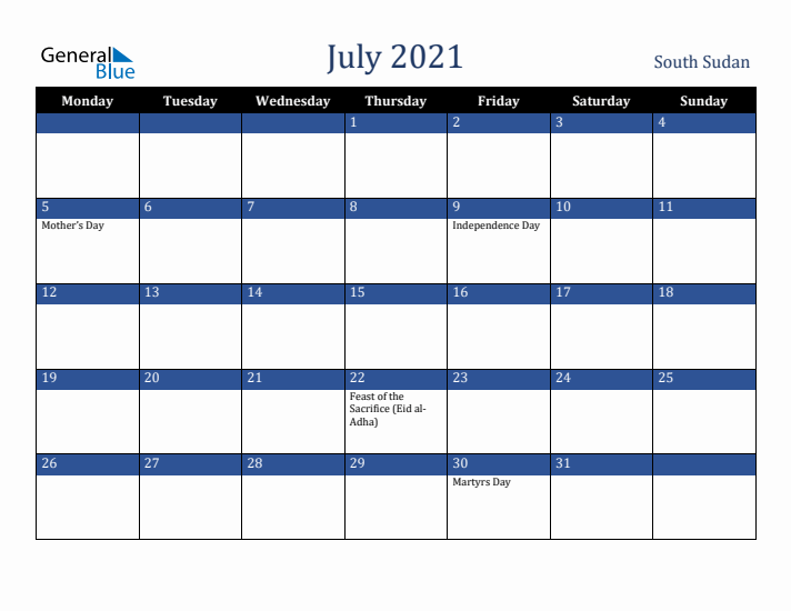 July 2021 South Sudan Calendar (Monday Start)
