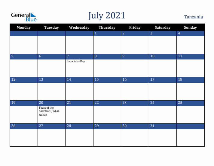 July 2021 Tanzania Calendar (Monday Start)