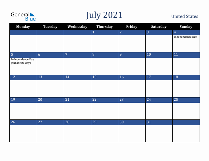 July 2021 United States Calendar (Monday Start)