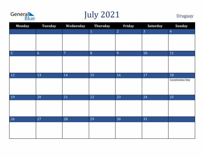 July 2021 Uruguay Calendar (Monday Start)