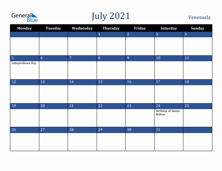 July 2021 Venezuela Calendar (Monday Start)
