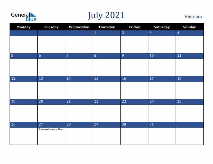 July 2021 Vietnam Calendar (Monday Start)