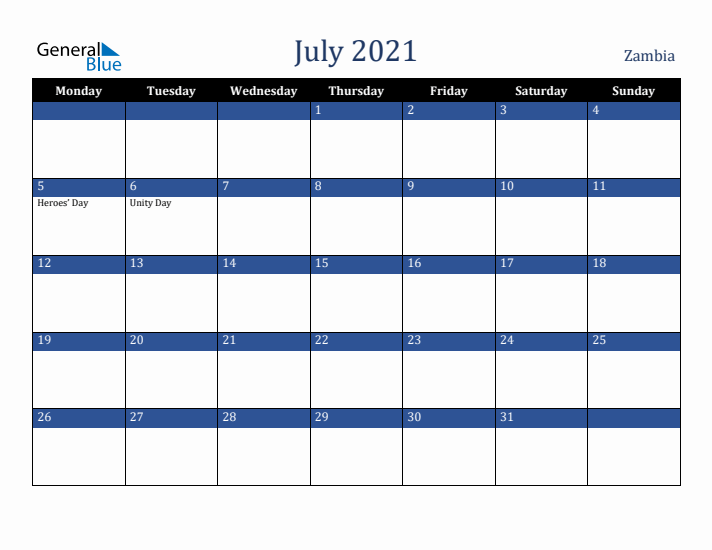 July 2021 Zambia Calendar (Monday Start)