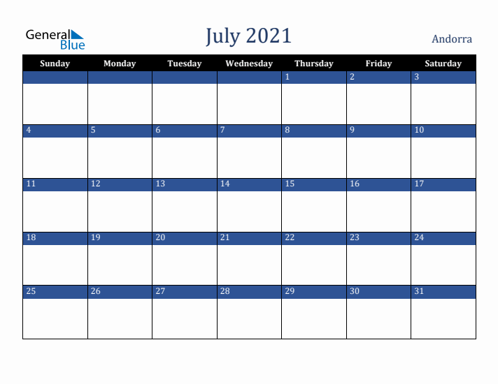 July 2021 Andorra Calendar (Sunday Start)