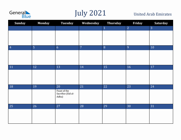 July 2021 United Arab Emirates Calendar (Sunday Start)