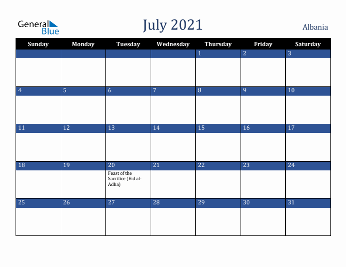 July 2021 Albania Calendar (Sunday Start)