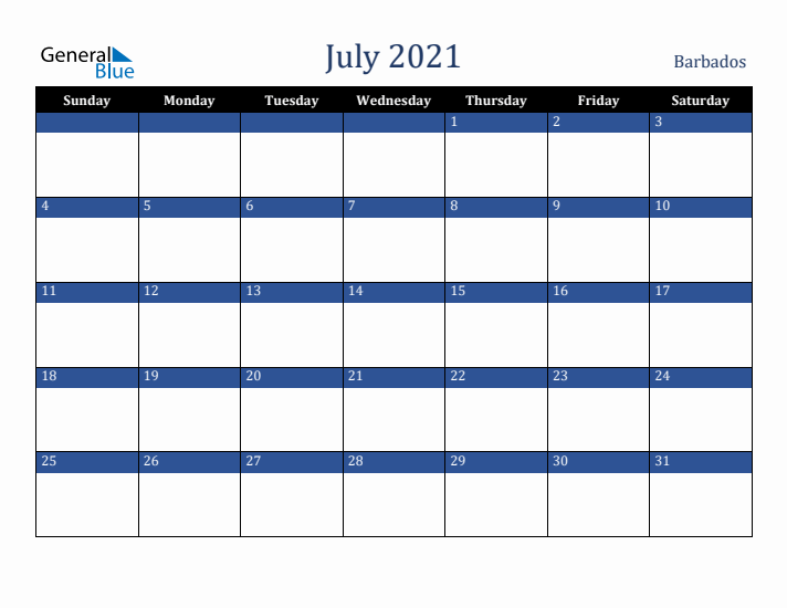 July 2021 Barbados Calendar (Sunday Start)