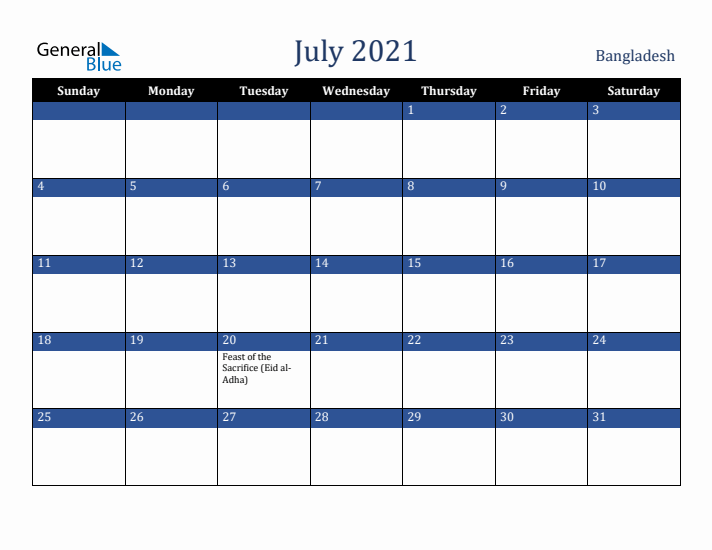 July 2021 Bangladesh Calendar (Sunday Start)