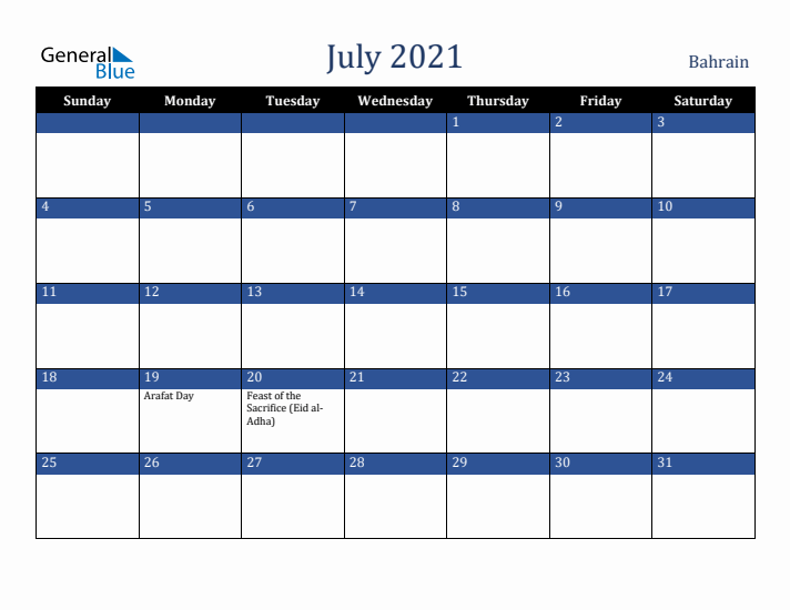 July 2021 Bahrain Calendar (Sunday Start)