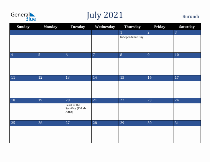 July 2021 Burundi Calendar (Sunday Start)