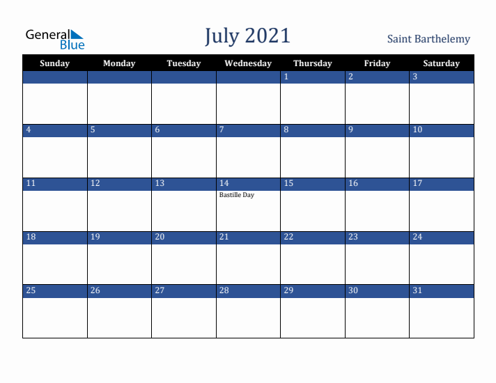 July 2021 Saint Barthelemy Calendar (Sunday Start)
