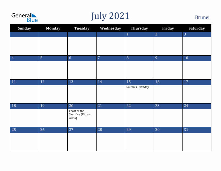 July 2021 Brunei Calendar (Sunday Start)