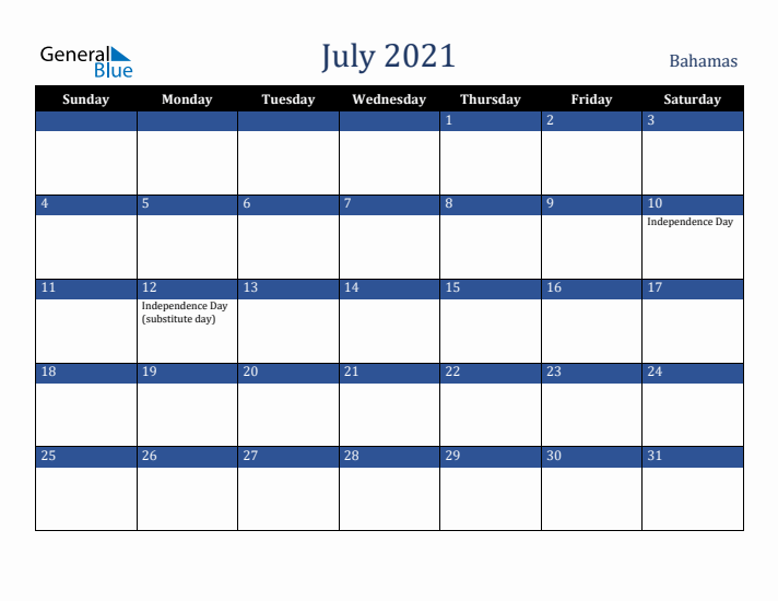 July 2021 Bahamas Calendar (Sunday Start)