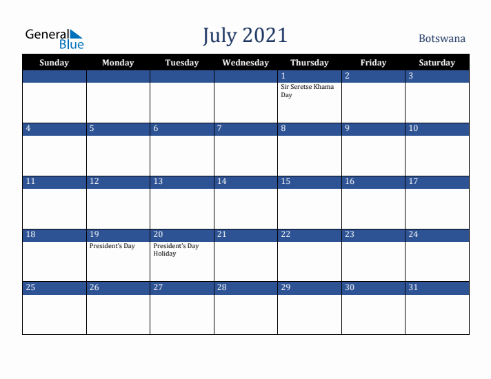 July 2021 Botswana Calendar (Sunday Start)