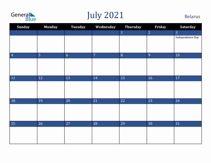 July 2021 Belarus Calendar (Sunday Start)