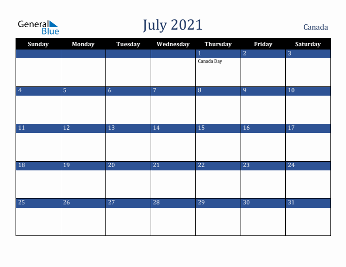 July 2021 Canada Calendar (Sunday Start)