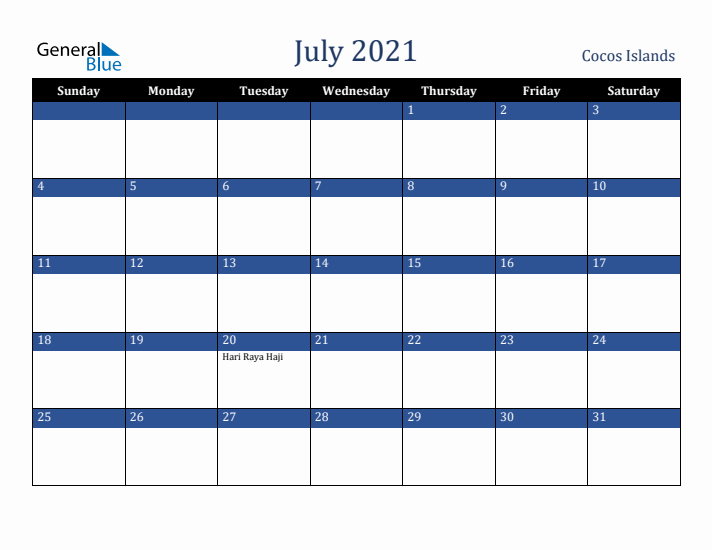 July 2021 Cocos Islands Calendar (Sunday Start)