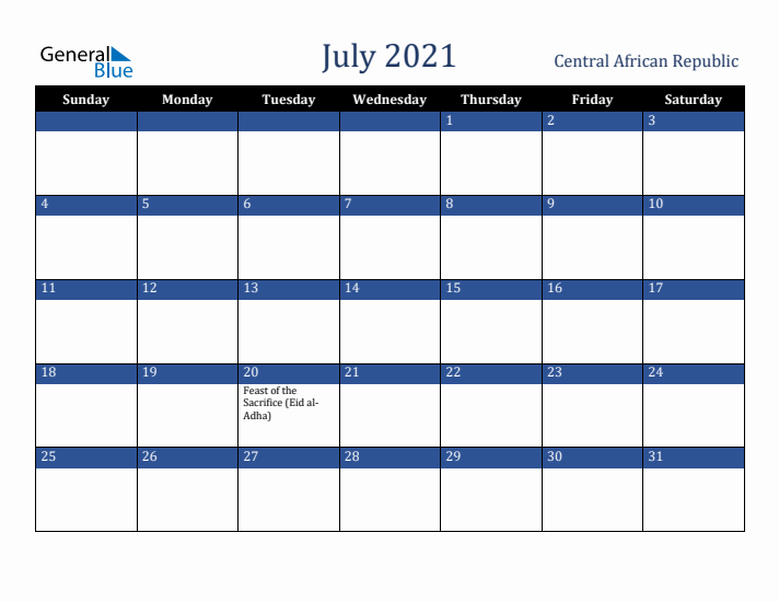 July 2021 Central African Republic Calendar (Sunday Start)