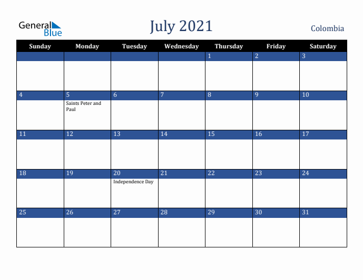 July 2021 Colombia Calendar (Sunday Start)