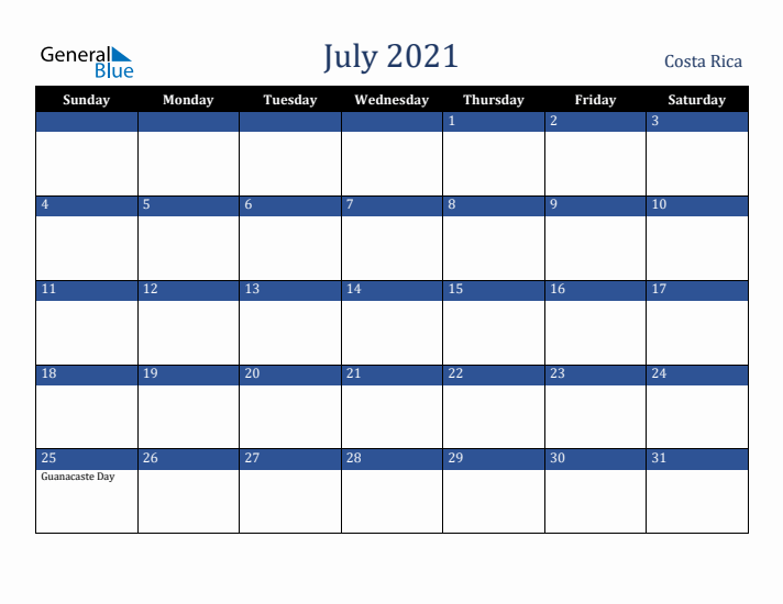 July 2021 Costa Rica Calendar (Sunday Start)
