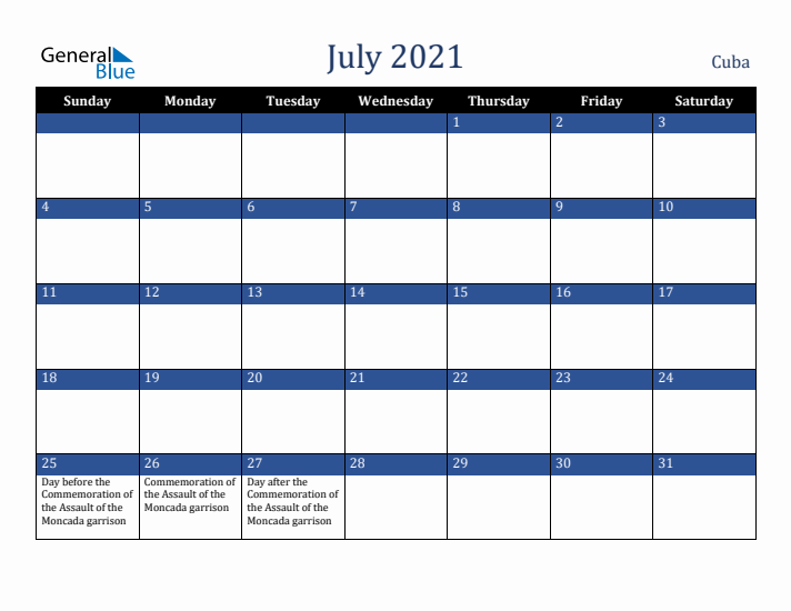 July 2021 Cuba Calendar (Sunday Start)