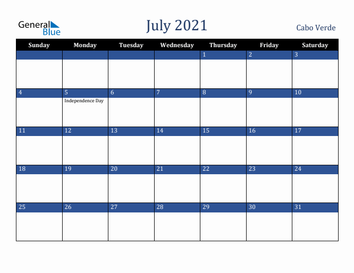 July 2021 Cabo Verde Calendar (Sunday Start)