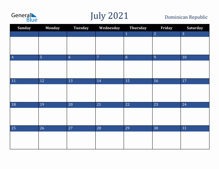 July 2021 Dominican Republic Calendar (Sunday Start)