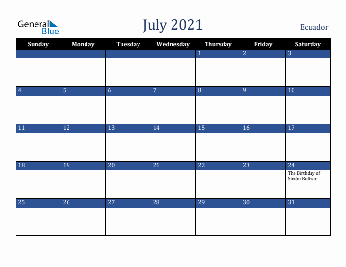 July 2021 Ecuador Calendar (Sunday Start)
