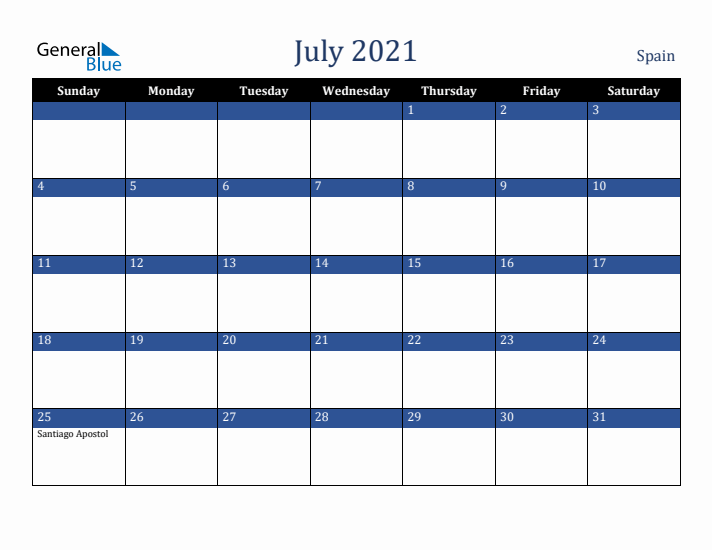 July 2021 Spain Calendar (Sunday Start)