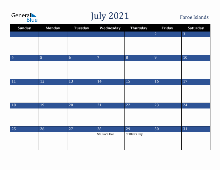 July 2021 Faroe Islands Calendar (Sunday Start)
